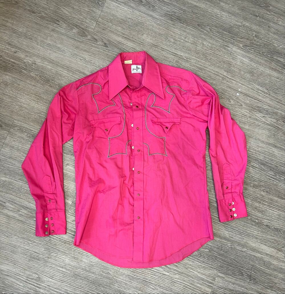 ⁠VTG 70s Tem Tex Pink Western Pearl Snap Shirt Embroidered Yoke Mens 16.5 x 34